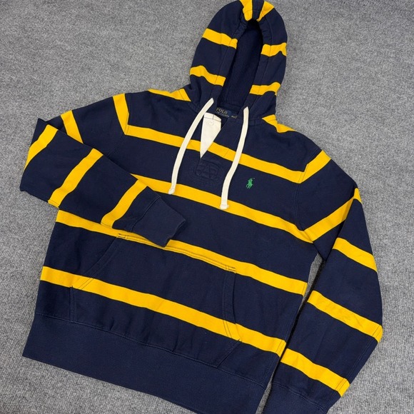 Polo Ralph Lauren Other - Polo Ralph Lauren Hoodie Mens M Rugby Striped Navy Yellow Pony Preppy Thermal